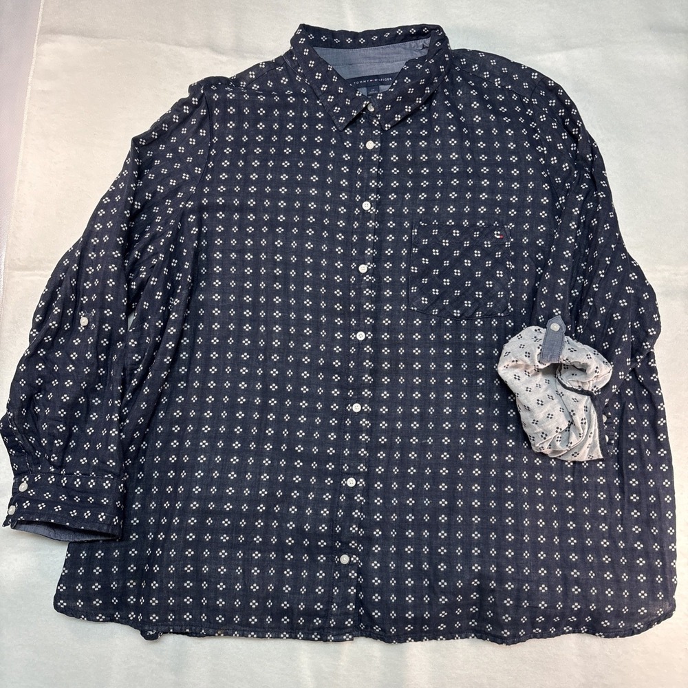 Tommy Hilfiger Mens 2X Blue‎ White Print Button Down Shirt Long Sleeve Cotton